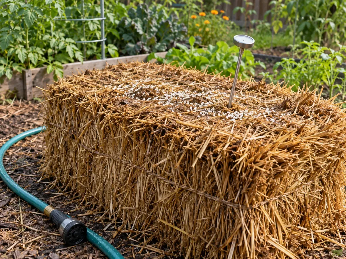 A damp straw bale with fertilizer, hose, and a compost thermometer during conditioning
