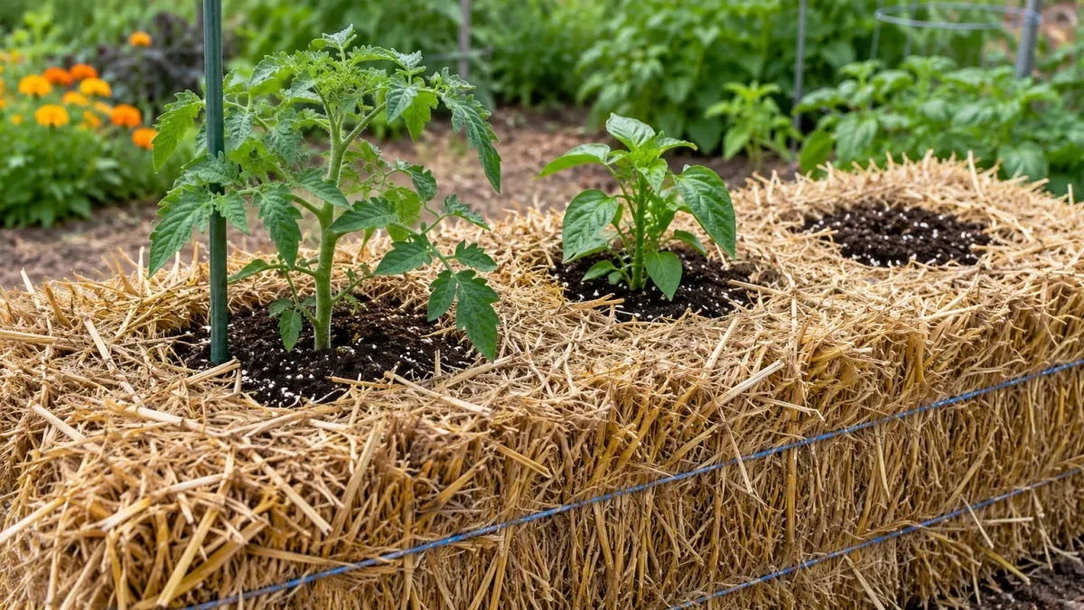 Tomato and pepper transplants rooted in pockets of potting mix on a straw bale