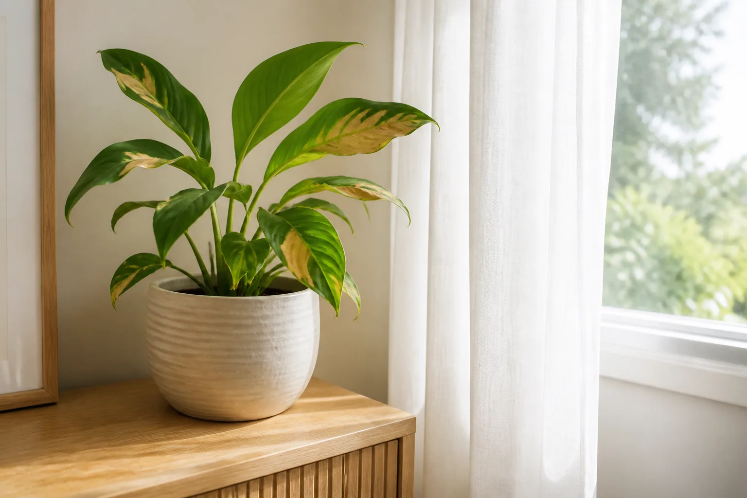 Houseplant with browned and scorched leaf patches near a bright window