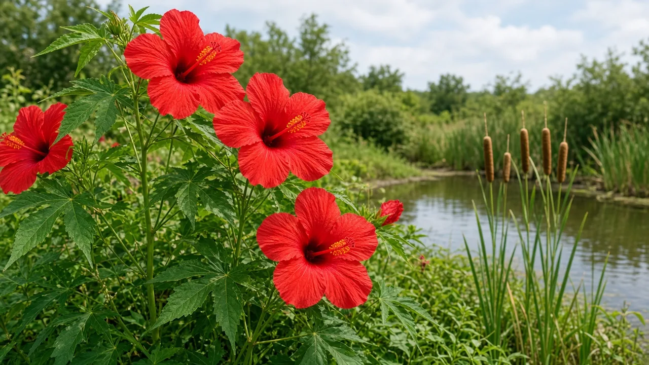 Tall swamp hibiscus with vivid red star-shaped flowers growing at the sunny edge of a garden pond