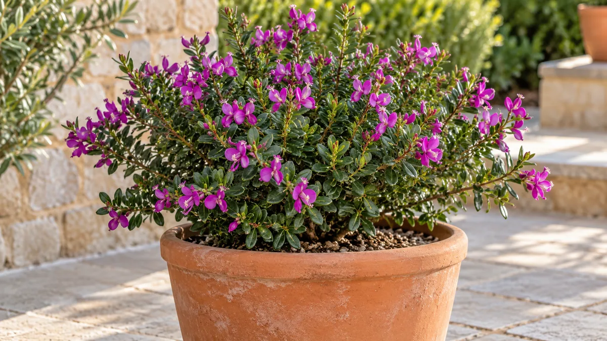 Sweet pea shrub growing as a flowering evergreen in a large, freely draining terracotta patio container.