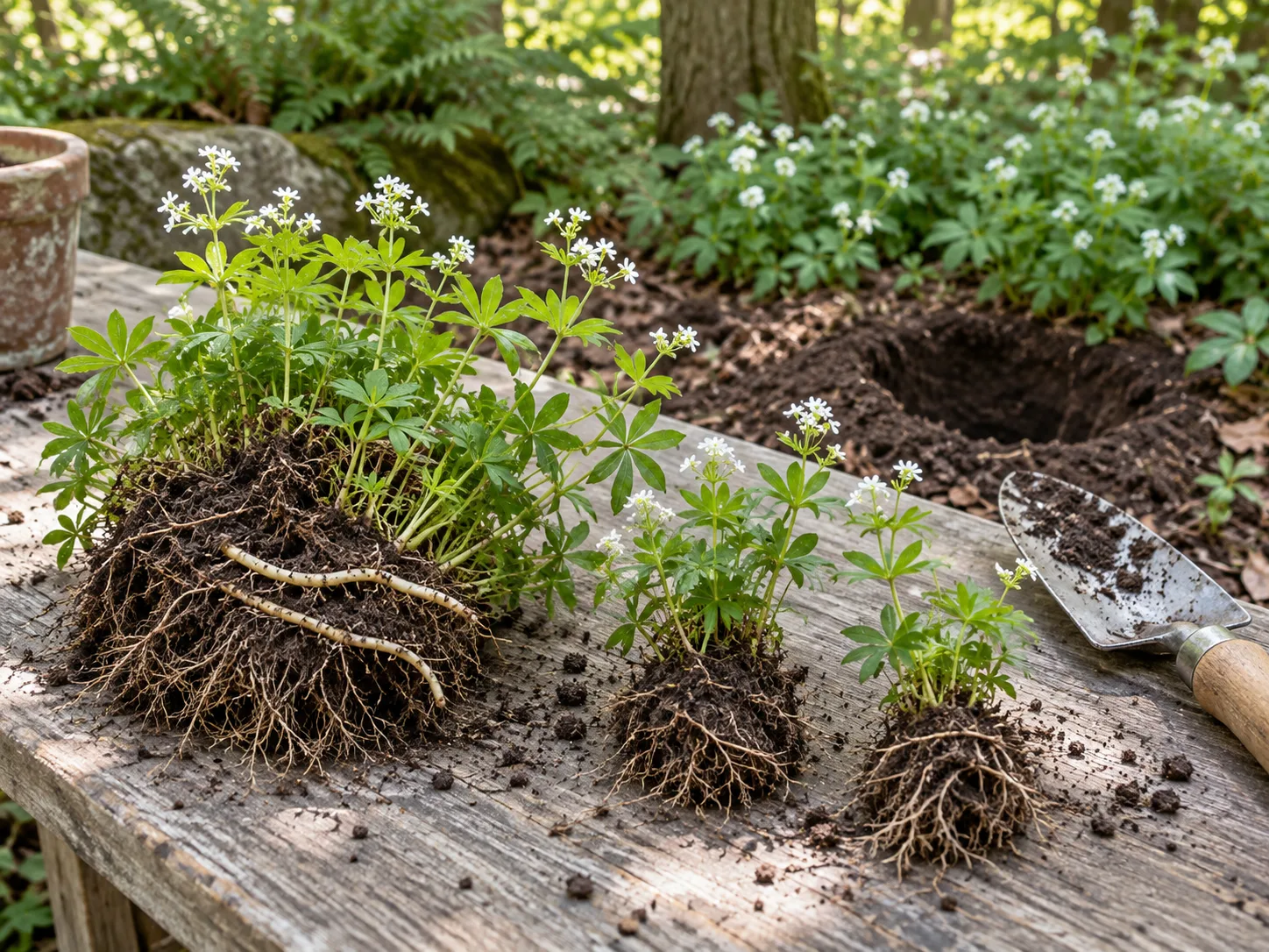 Rooted sweet woodruff divisions prepared for replanting in a shaded garden