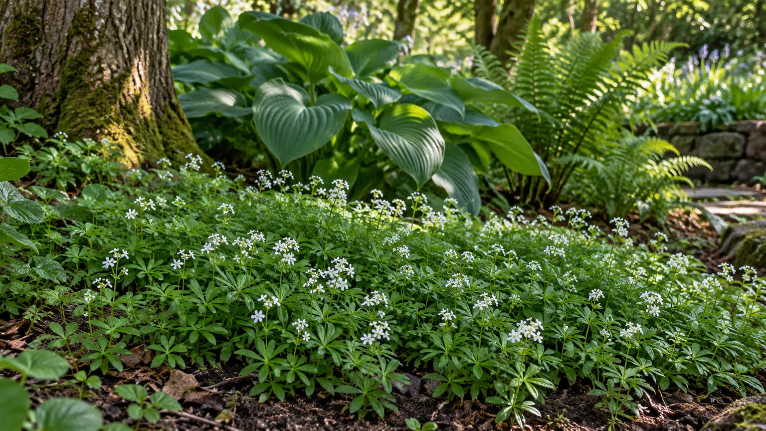 Sweet woodruff carpeting a shaded woodland bed beneath hostas and ferns