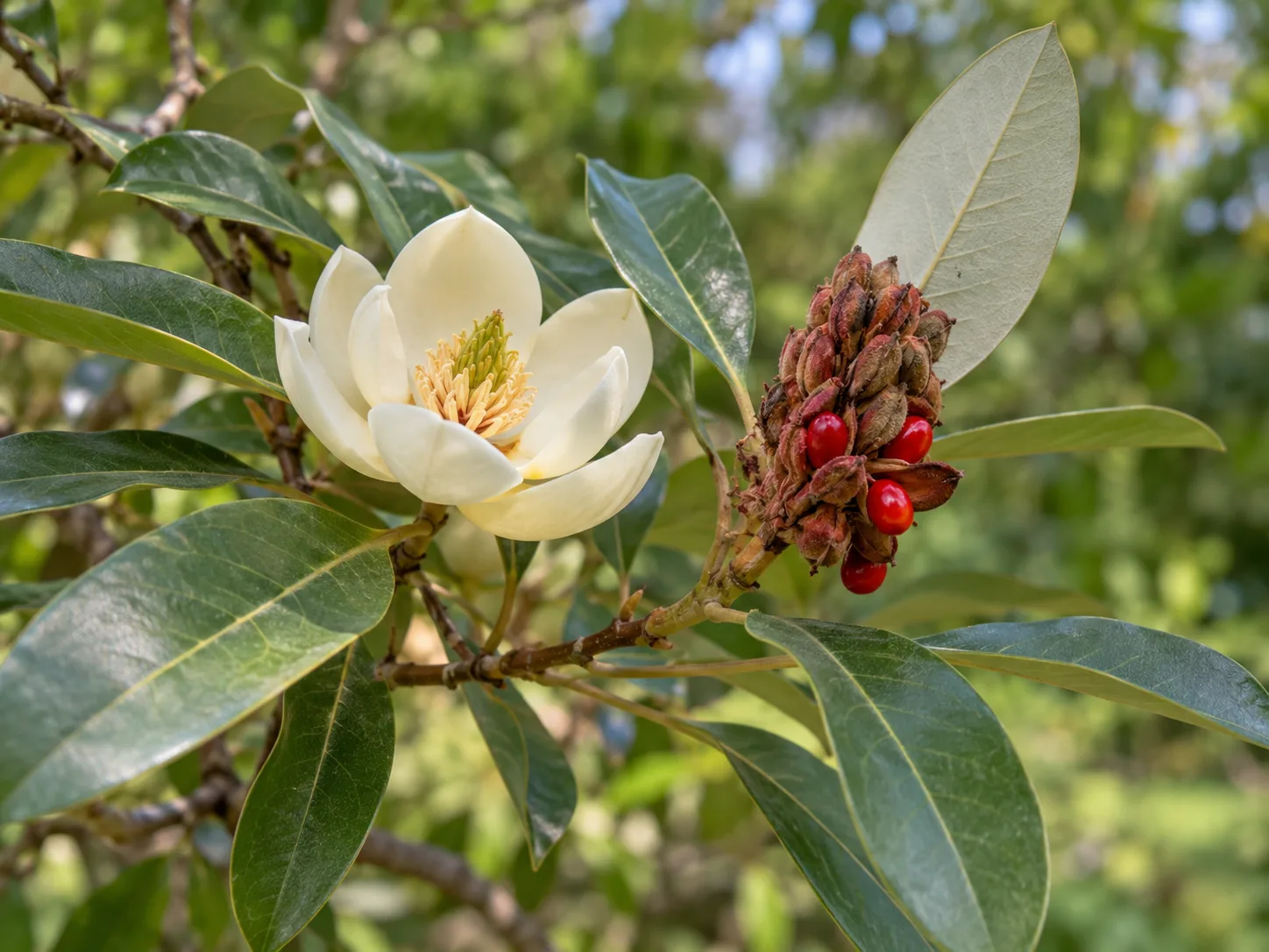 Sweetbay magnolia branch with a creamy flower, silvery-backed leaf, and red seeds in a cone-like fruit