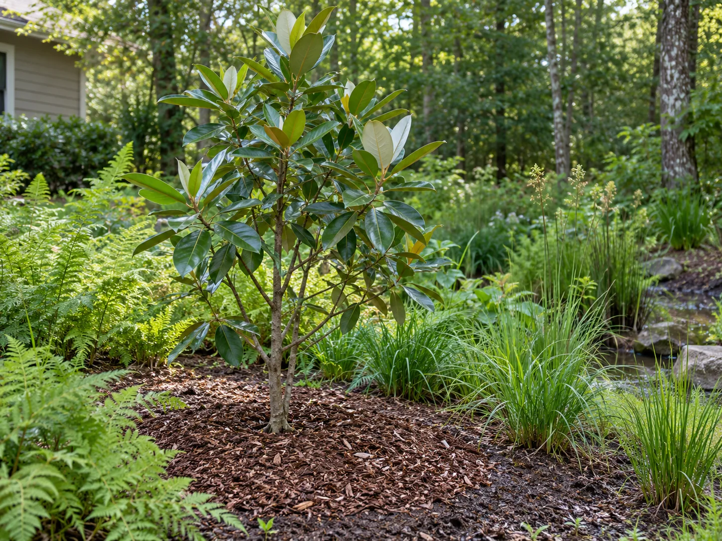 Young Sweetbay magnolia in a moist woodland-edge planting beside ferns and sedges