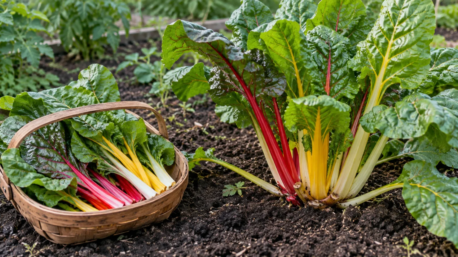 Mature Swiss chard leaves and colorful stems ready for harvest