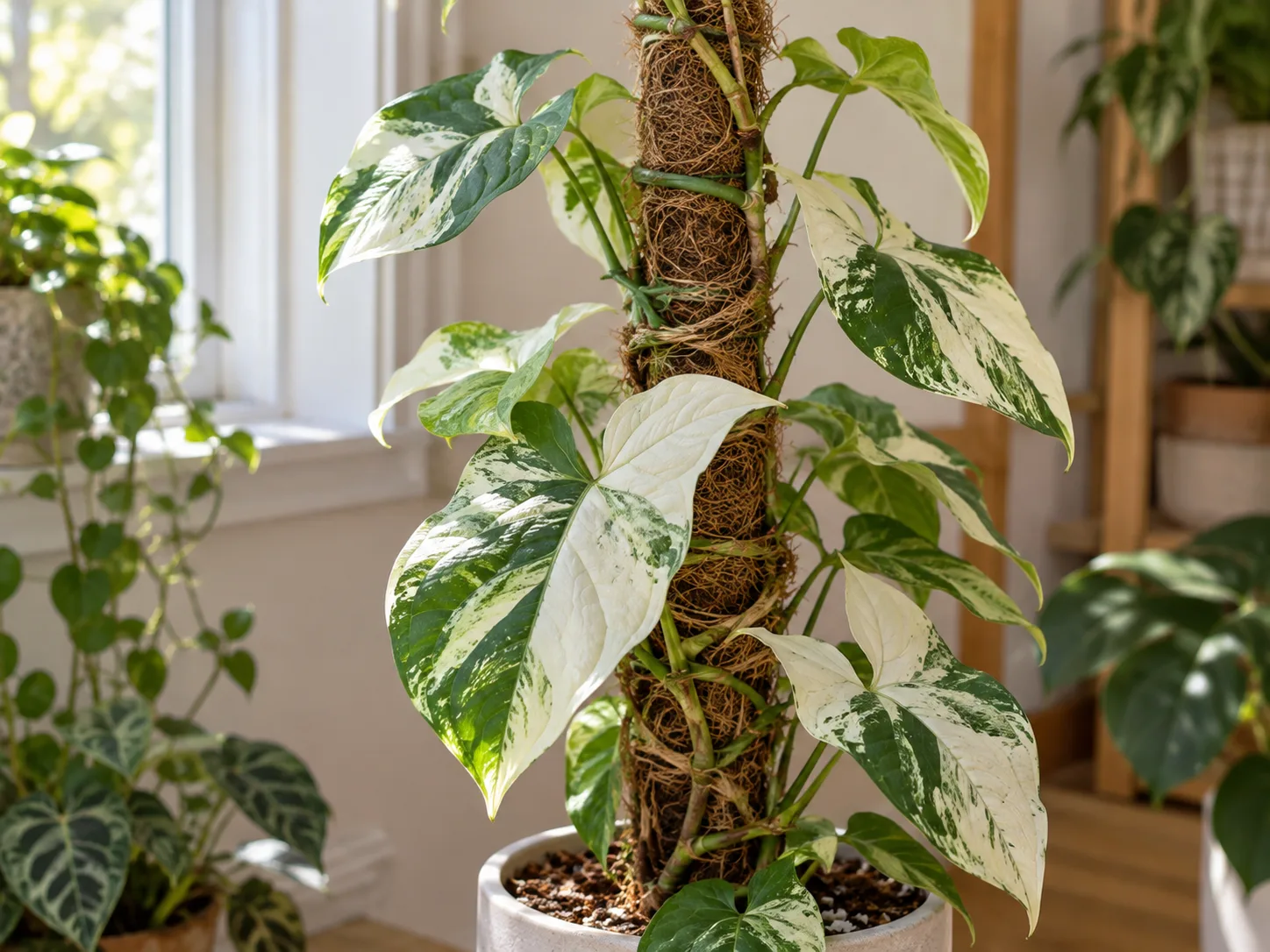 Healthy Syngonium Albo trained loosely around a moss pole in bright filtered light