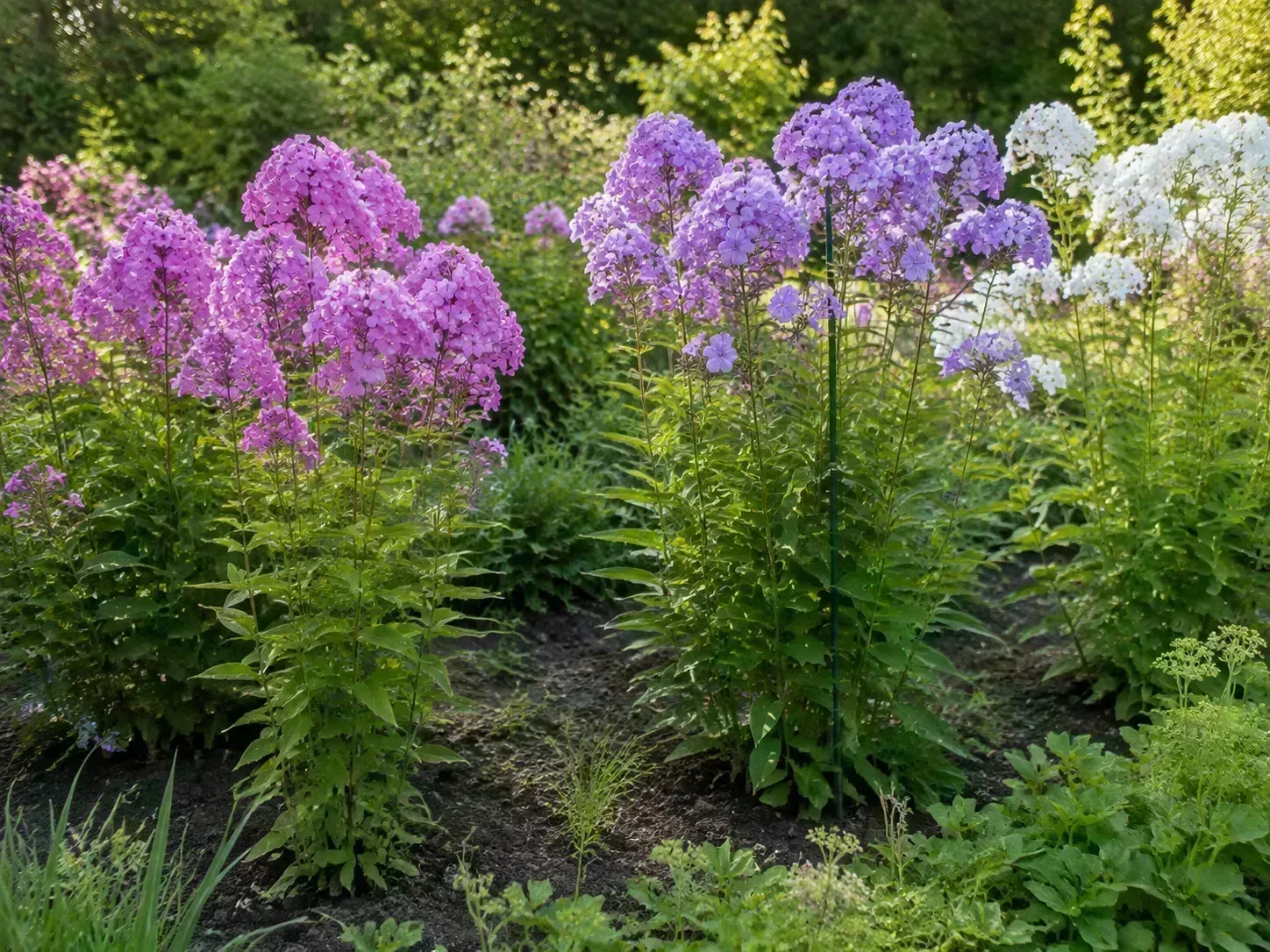 Tall garden phlox growing with open spacing in a perennial bed