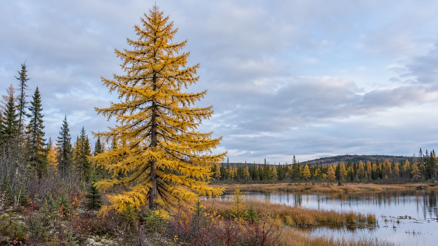 A mature tamarack tree turns golden beside a northern wetland in autumn.