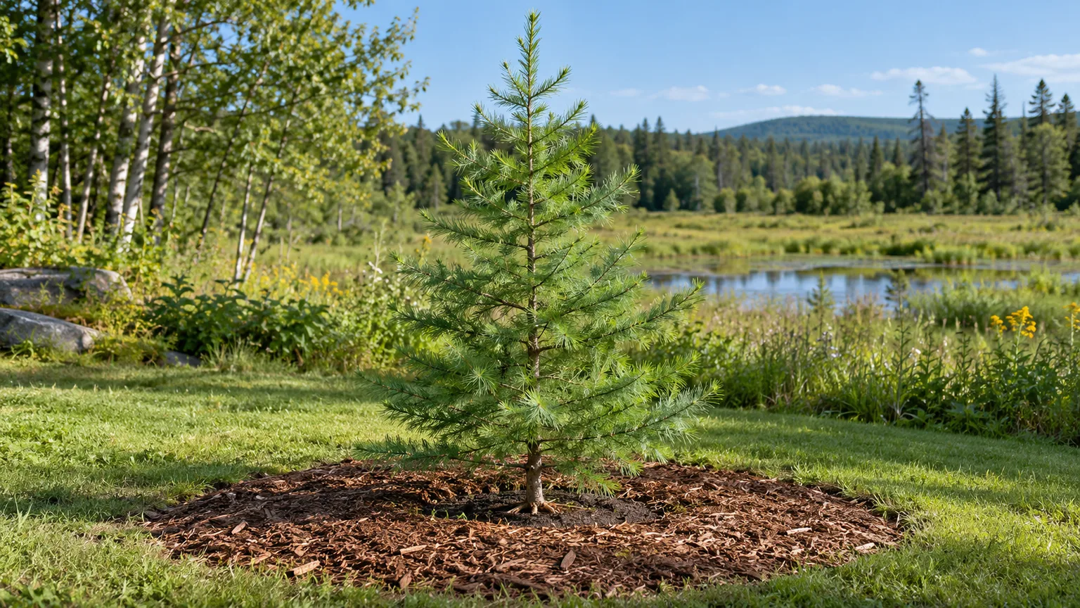A young tree planted in a mulched patch beside open land