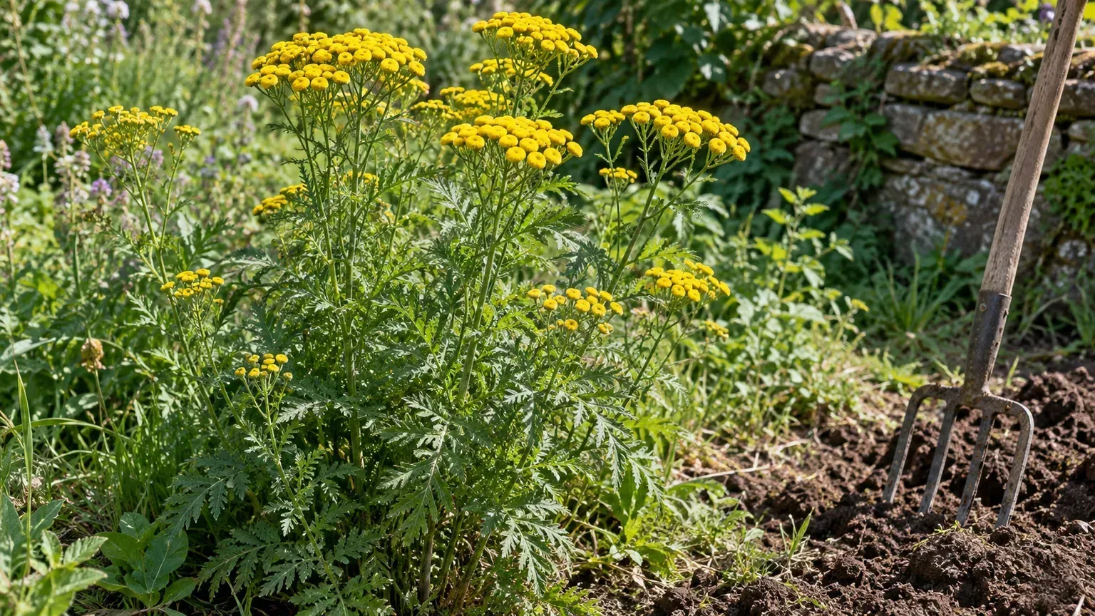 Common tansy with yellow button flowers and feathery leaves at a garden edge