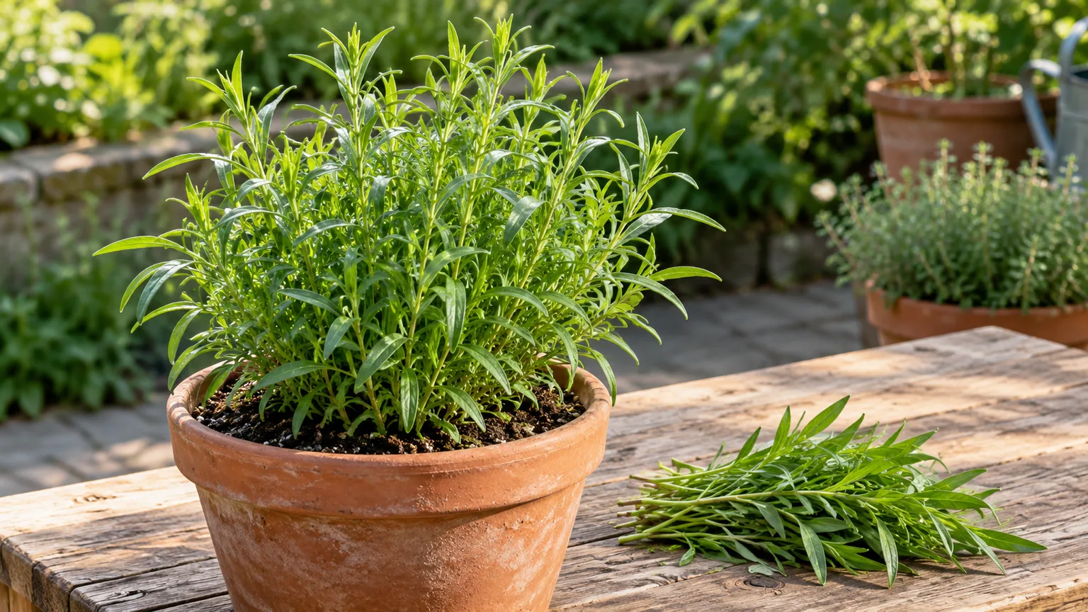 Fresh French tarragon shoot tips beside a healthy potted clump show the modest harvest that leaves plenty of growth for regrowth.