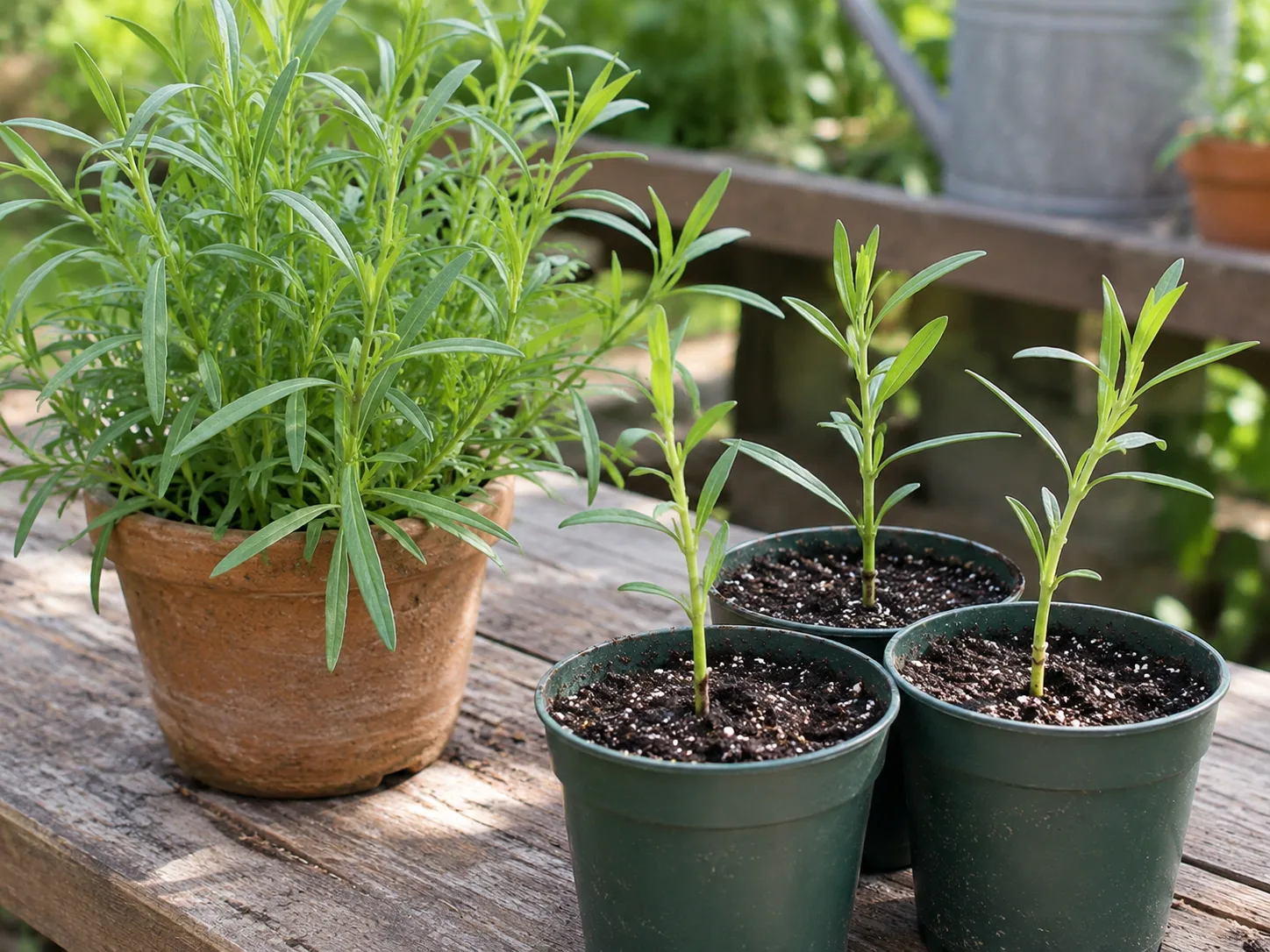 French tarragon cuttings rooted in small pots beside the parent plant, with the narrow leaves and stems visible.