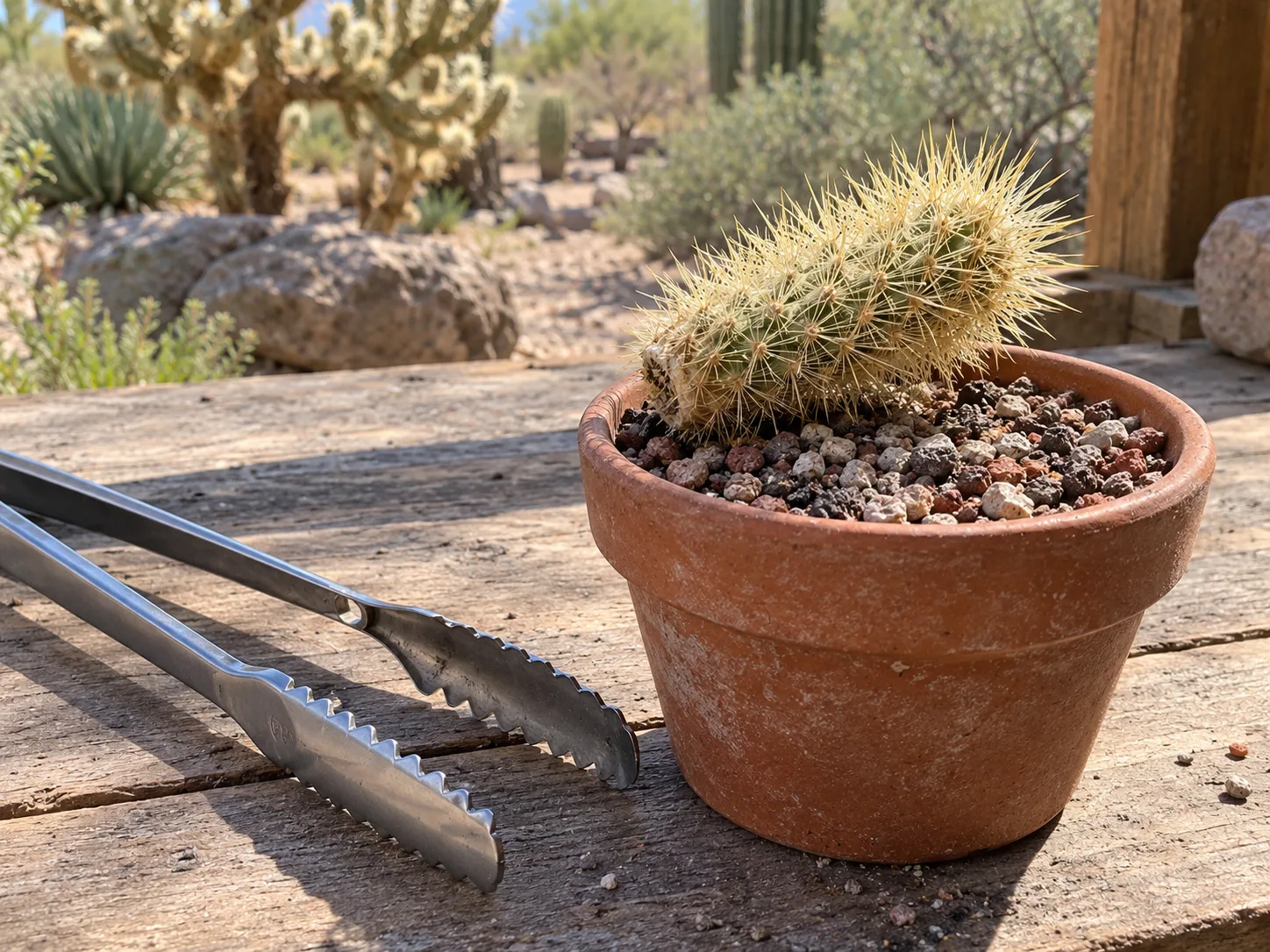 A detached cholla joint beside a pot of gritty cactus mix and long-handled tongs