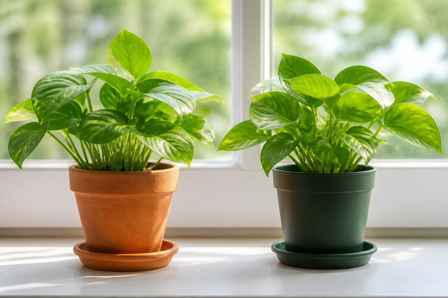 Terracotta and plastic pots compared for different plant moisture needs