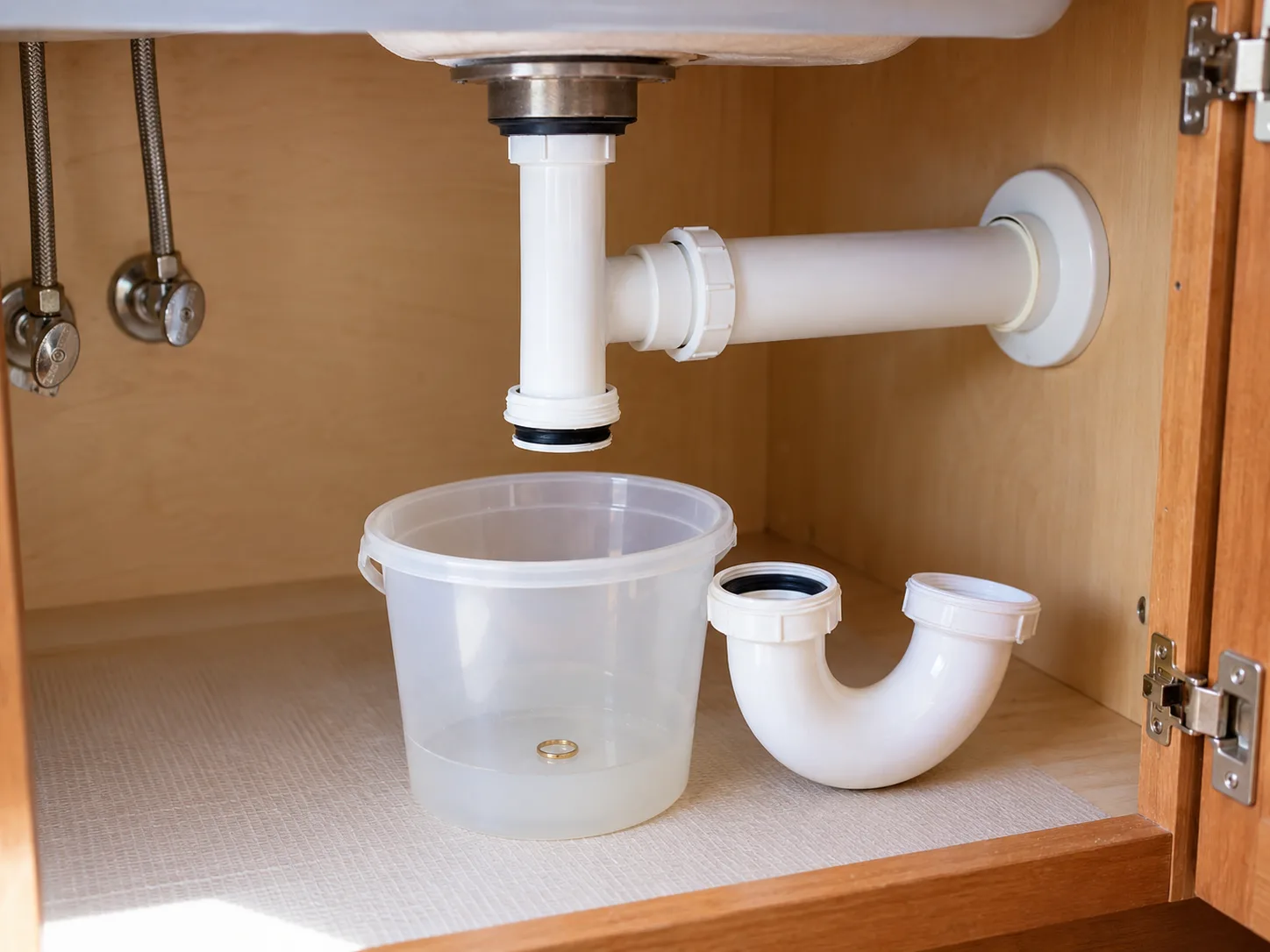 Accessible sink P-trap disconnected above a bucket for inspection