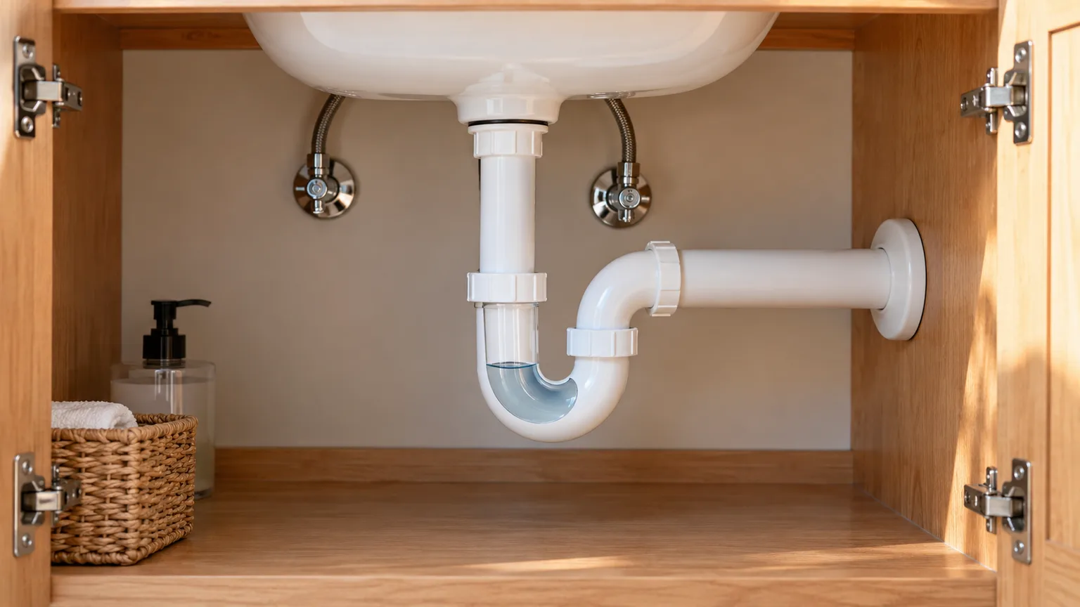 White PVC P-trap below a bathroom sink with water held in its curved seal