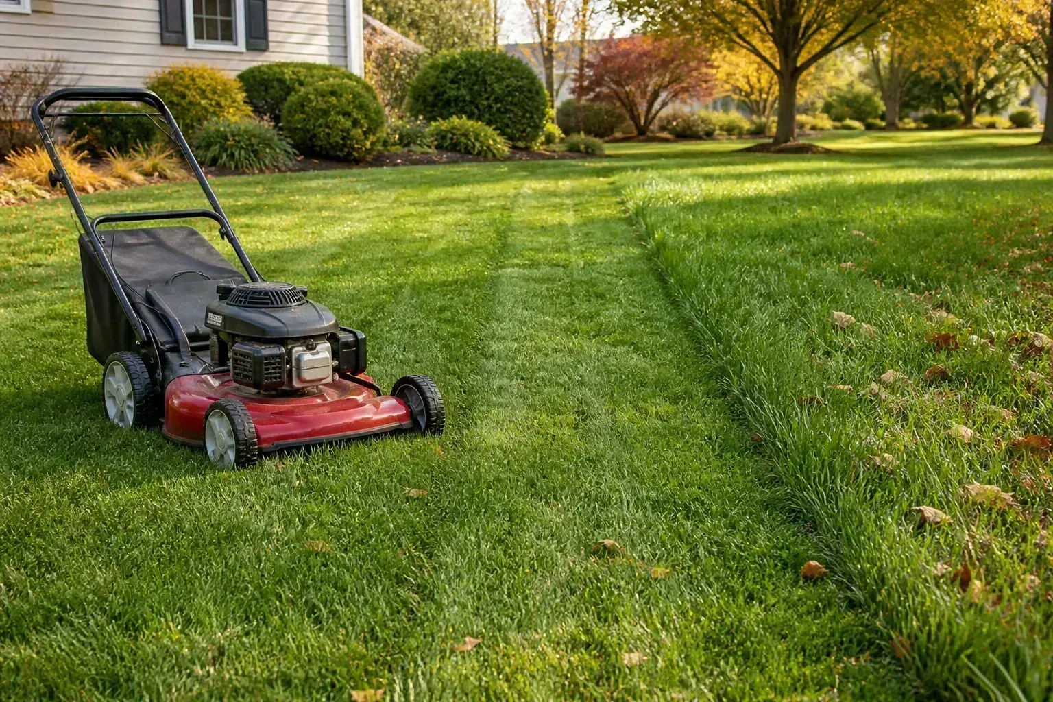 A lawn mower cuts turf as autumn leaves gather beneath nearby trees.