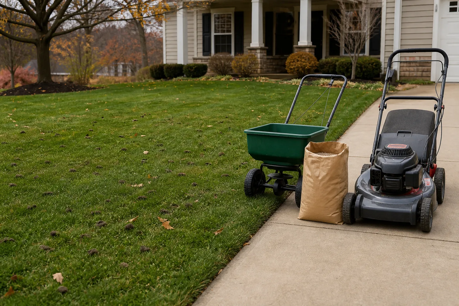 A fall lawn ready for its final cut with a mower and spreader nearby