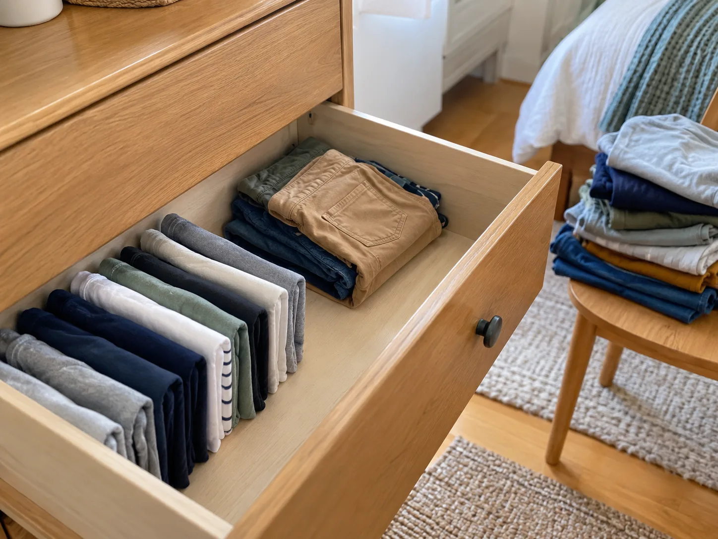 A compact dresser drawer with current-size school clothes folded upright and extra room left open.