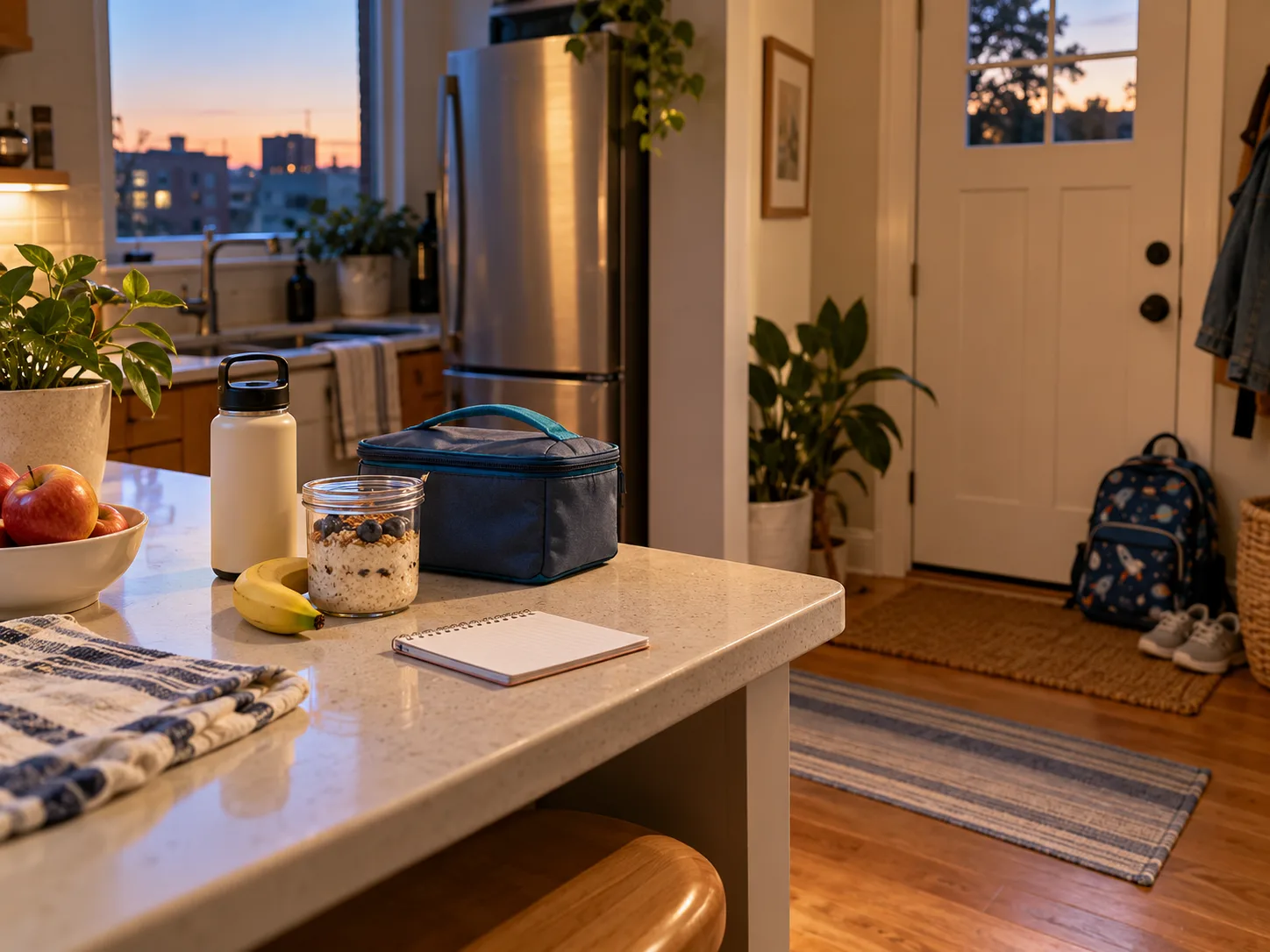 An insulated lunch bag, backpack, and simple breakfast set out in a small kitchen the evening before school.