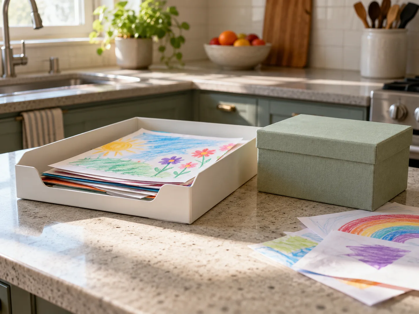 A shallow paper inbox for school worksheets beside a smaller keepsake box for selected drawings.