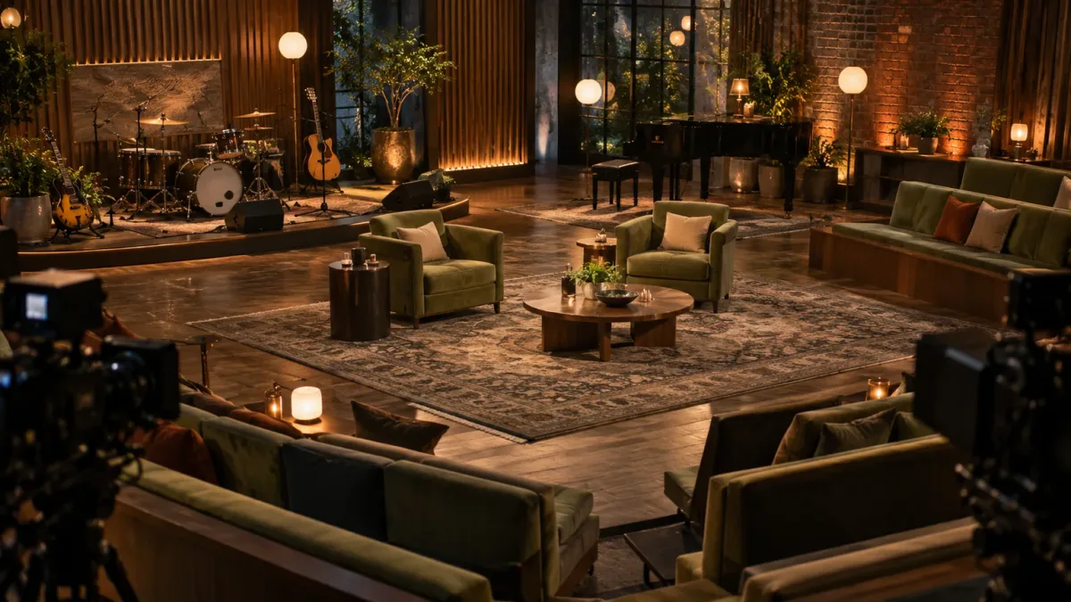 Concept image of an intimate studio with audience seating wrapping around a central music and conversation area