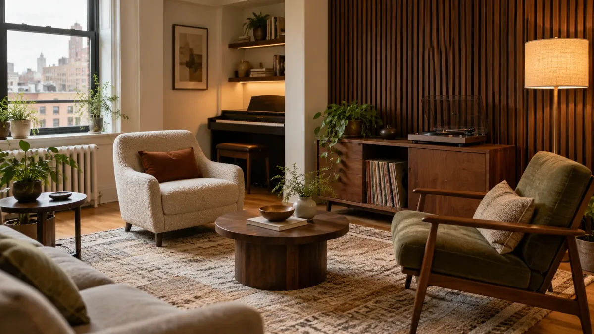 Concept image of a compact apartment music lounge with walnut furniture, records, comfortable chairs, and layered lighting