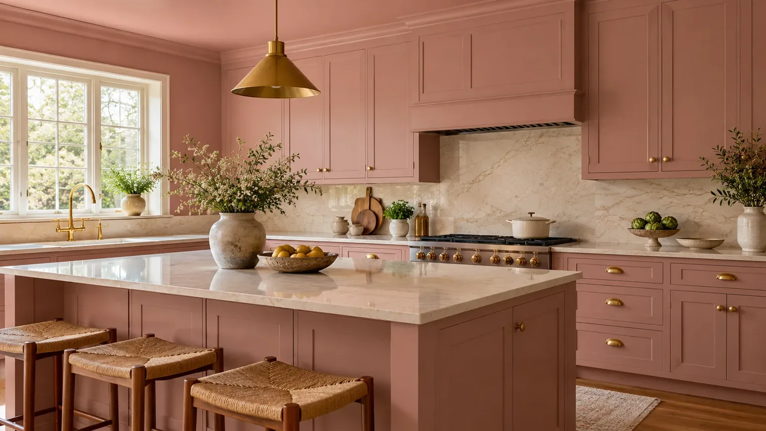 Dusty rose pink kitchen cabinets and matching ceiling with brass hardware and a cream counter