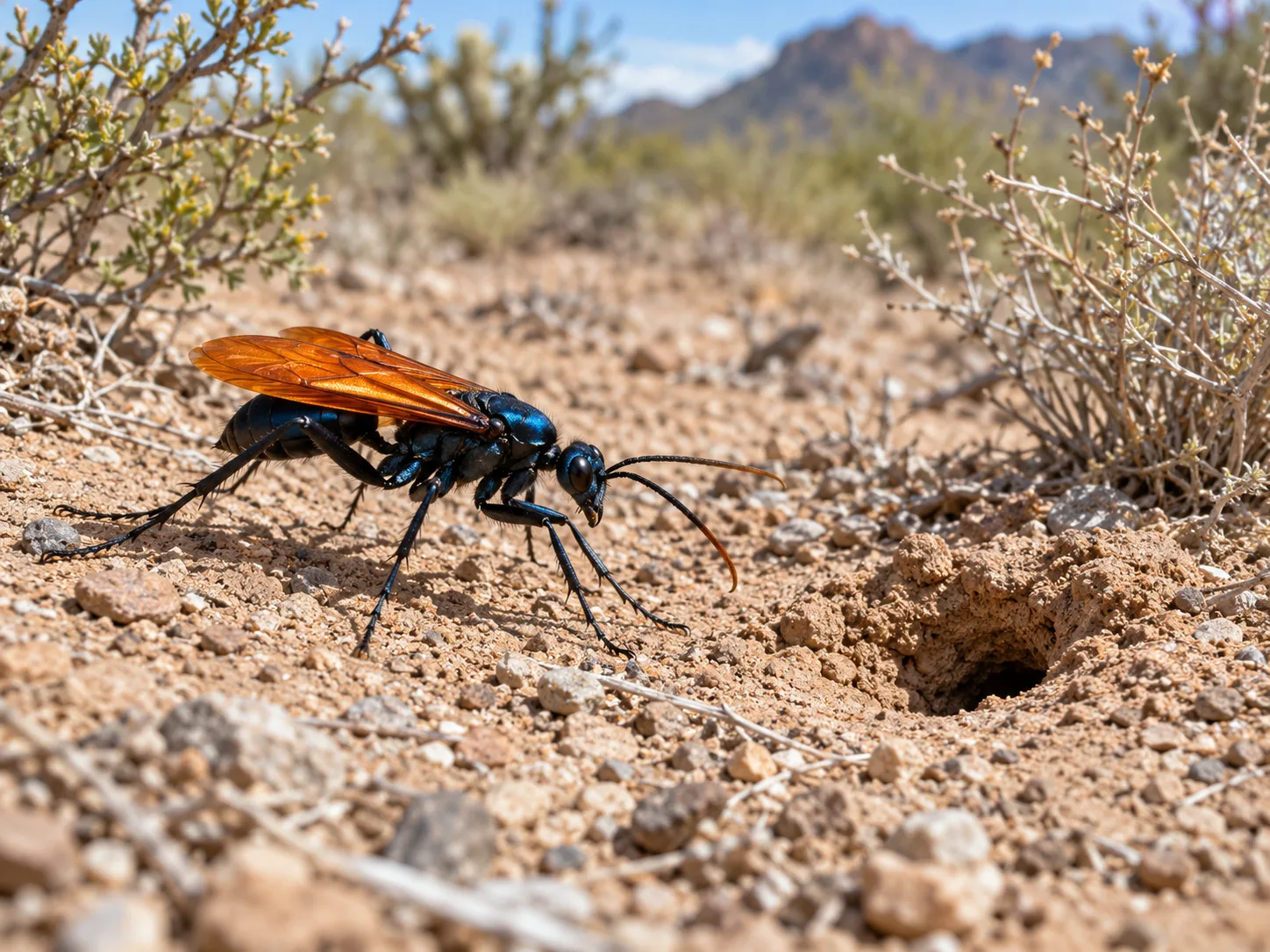 A single tarantula hawk walking near a small burrow opening in dry Southwestern soil