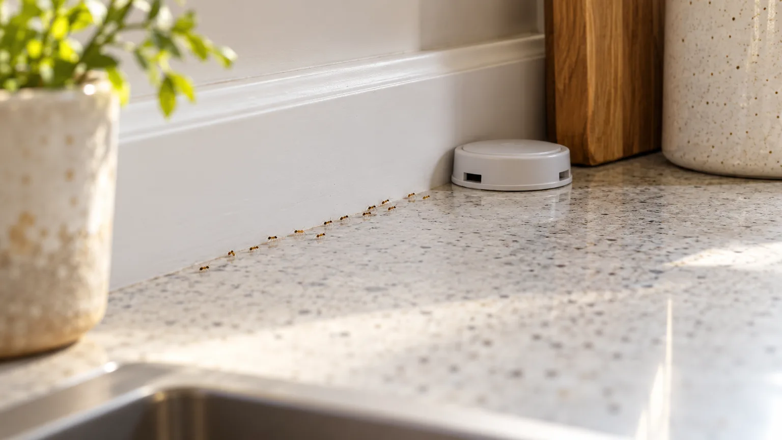 Tiny ants following a kitchen backsplash seam toward an enclosed bait station