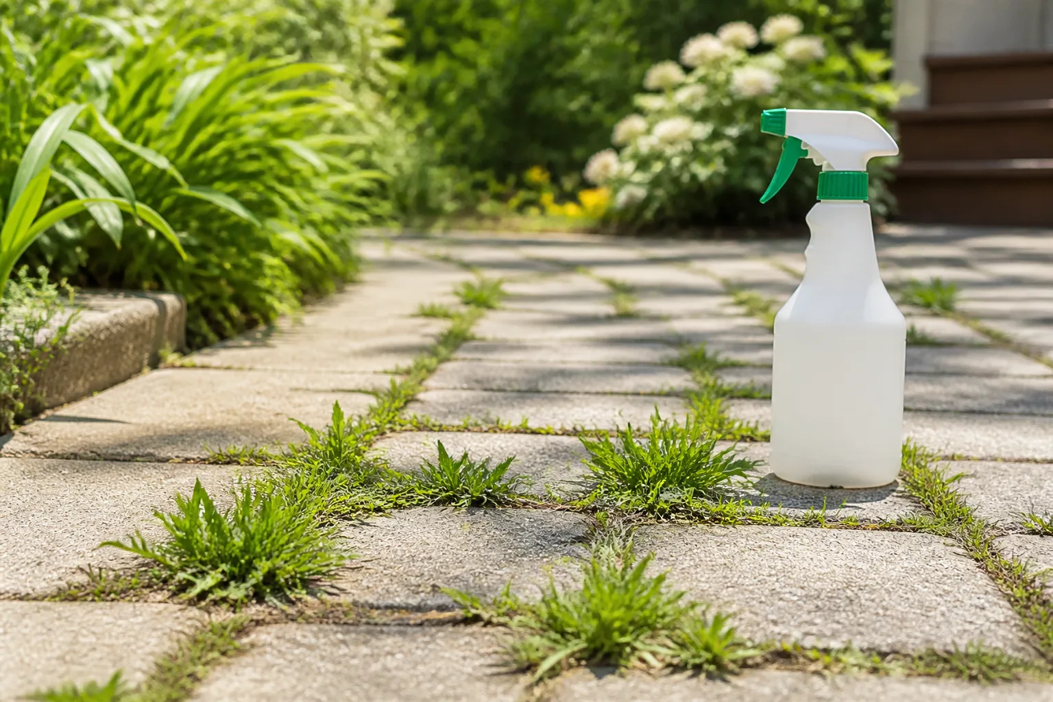 White spray bottle beside young weeds growing between patio pavers