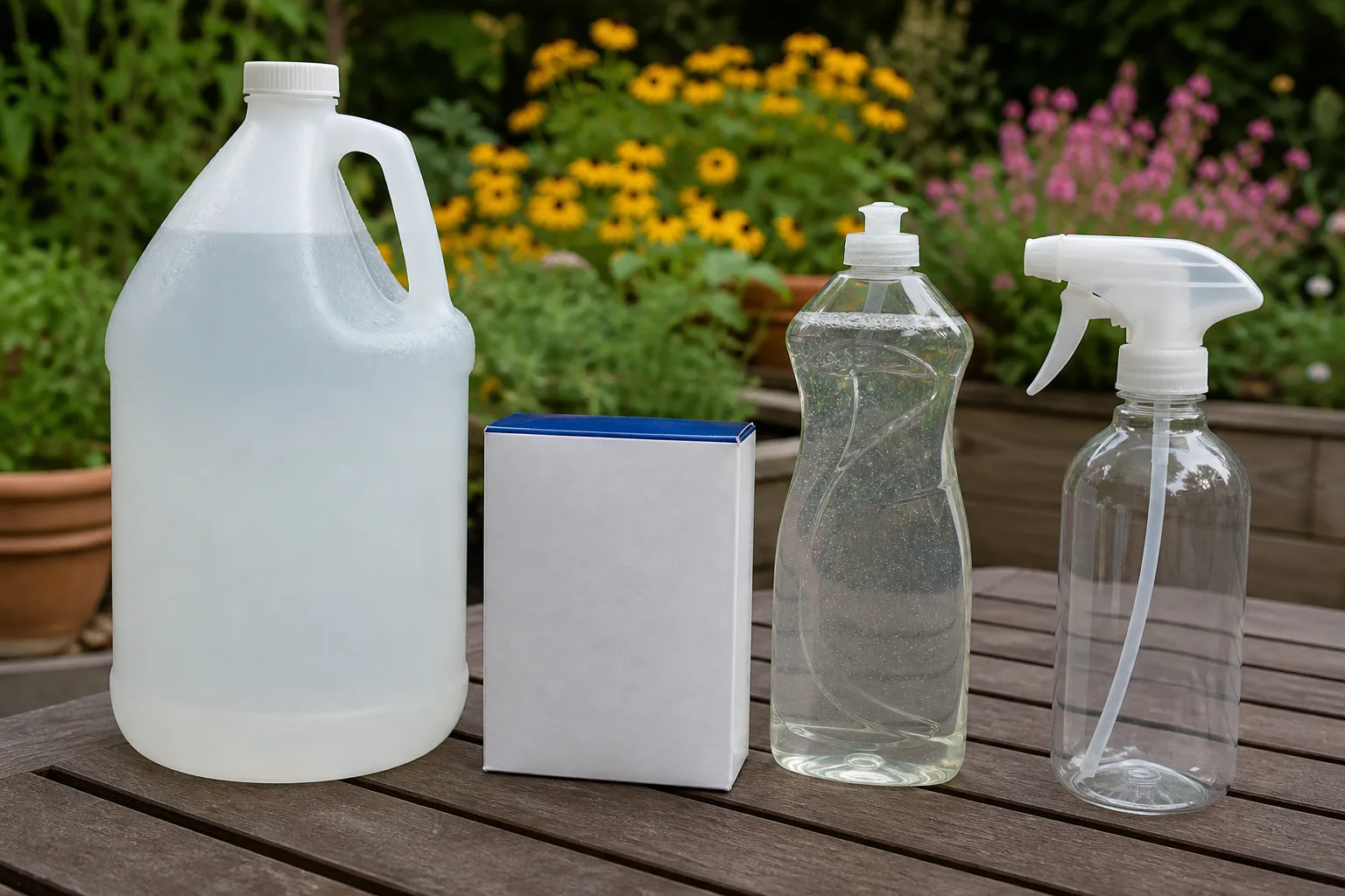 Dish detergent and a spray bottle arranged for a small patio spot treatment