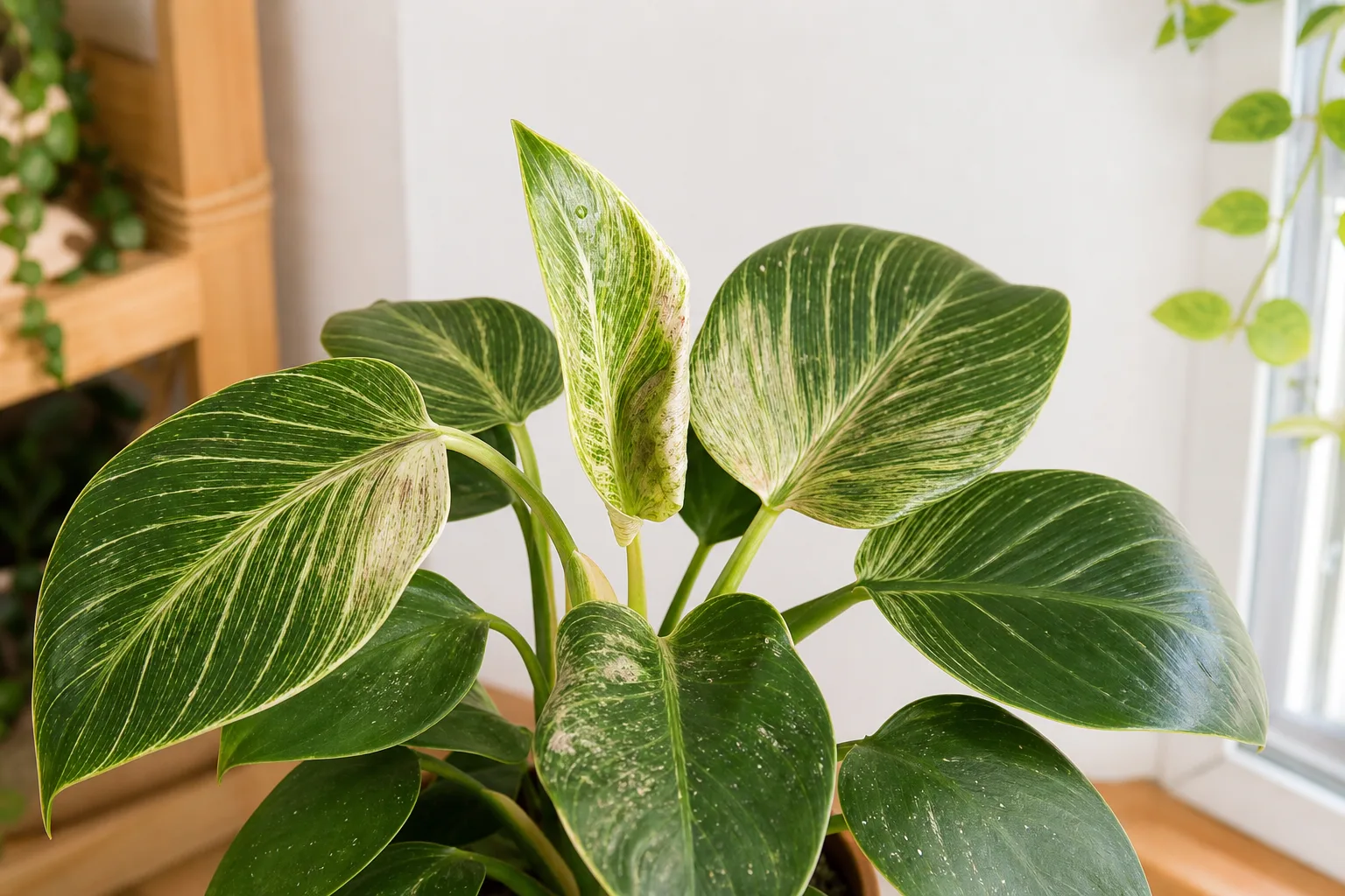 Silvery thrips scarring and black frass specks on a philodendron birkin leaf