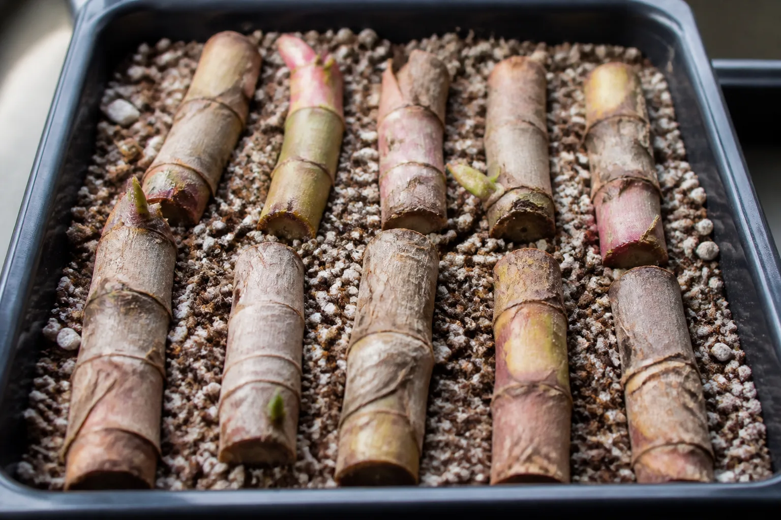 Stem cuttings laid in moist perlite and peat mix for houseplant propagation