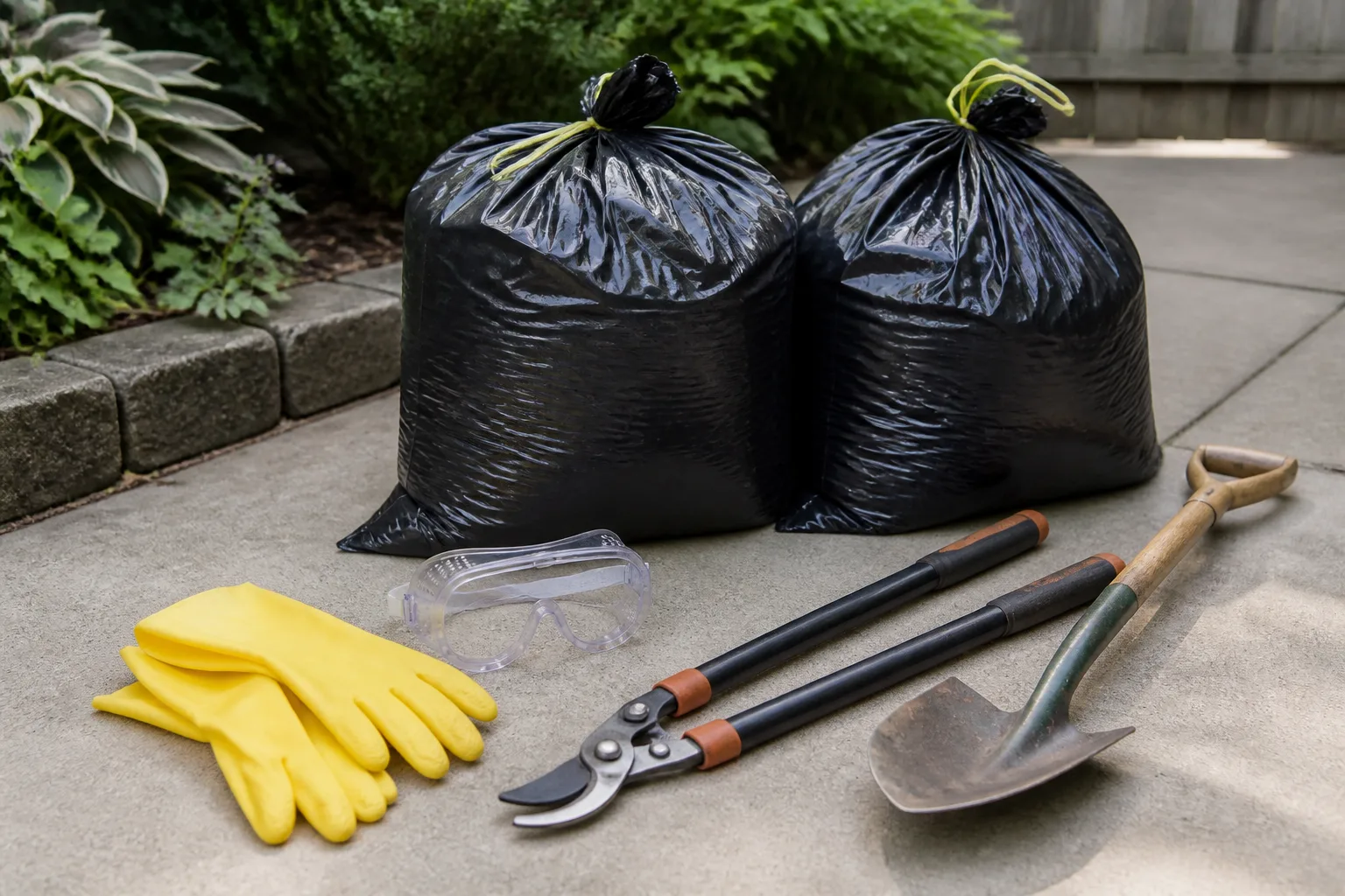 Gloves, eye protection, pruning tools, shovel, and disposal bags prepared for ivy removal