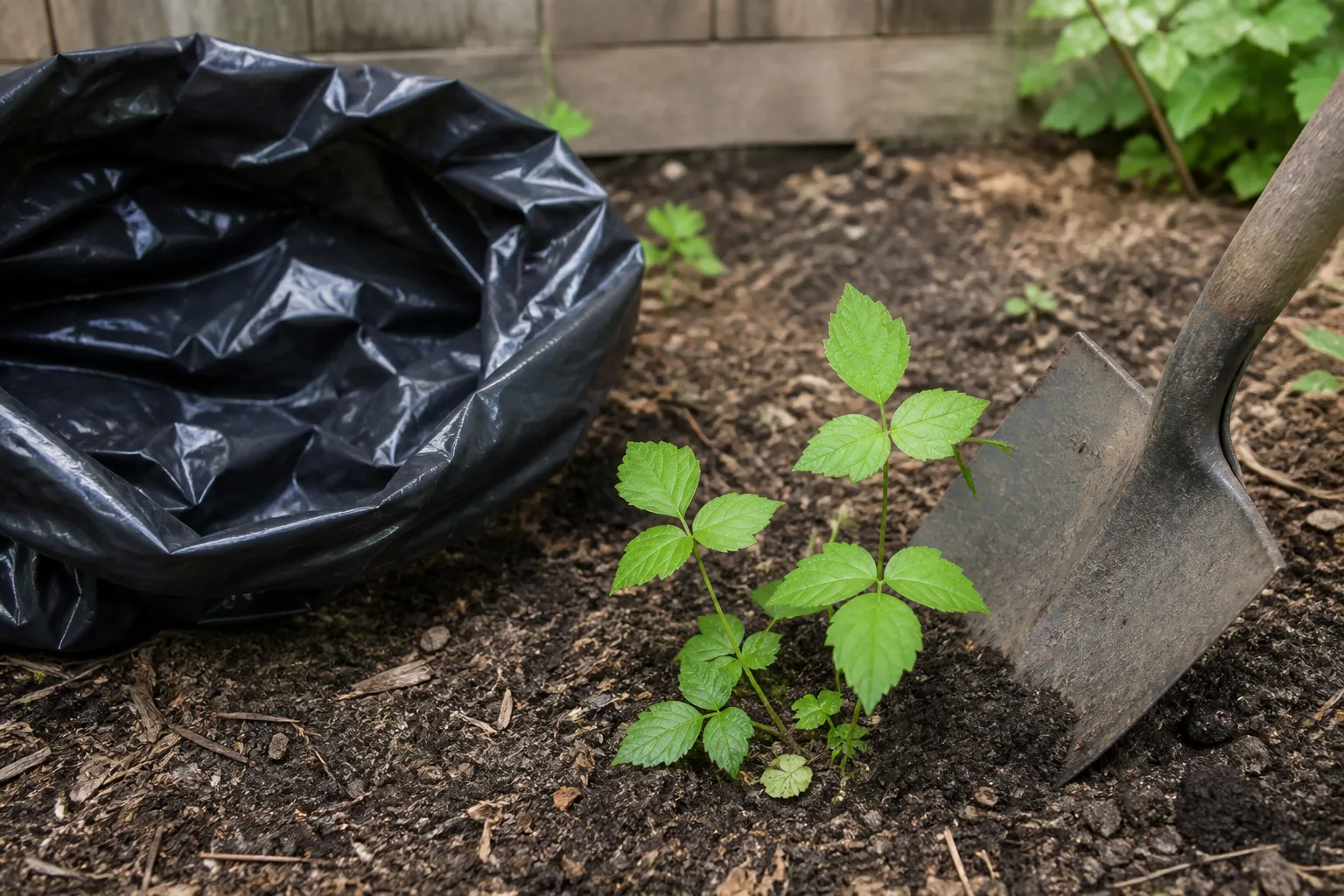 A small ivy-like ground patch beside a shovel and disposal bag, ready for careful digging