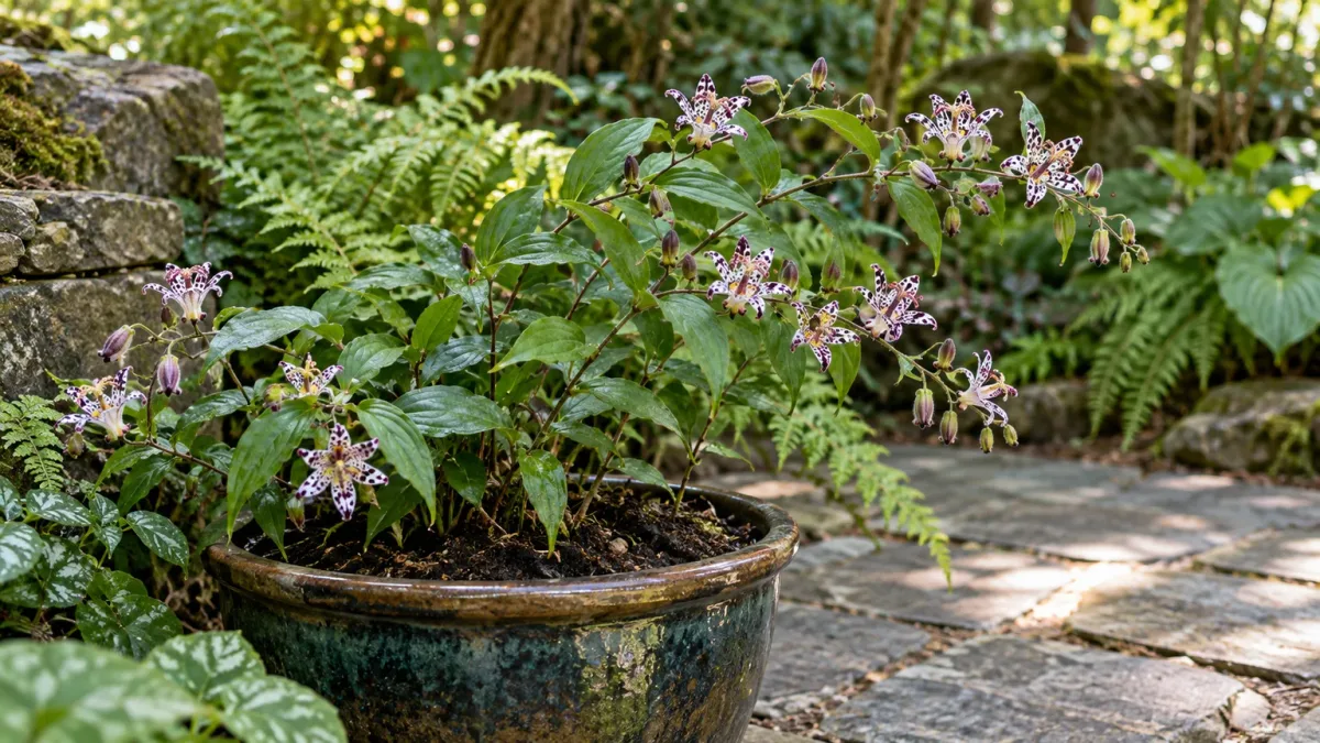 Toad lily with purple-spotted flowers growing in a shaded patio container