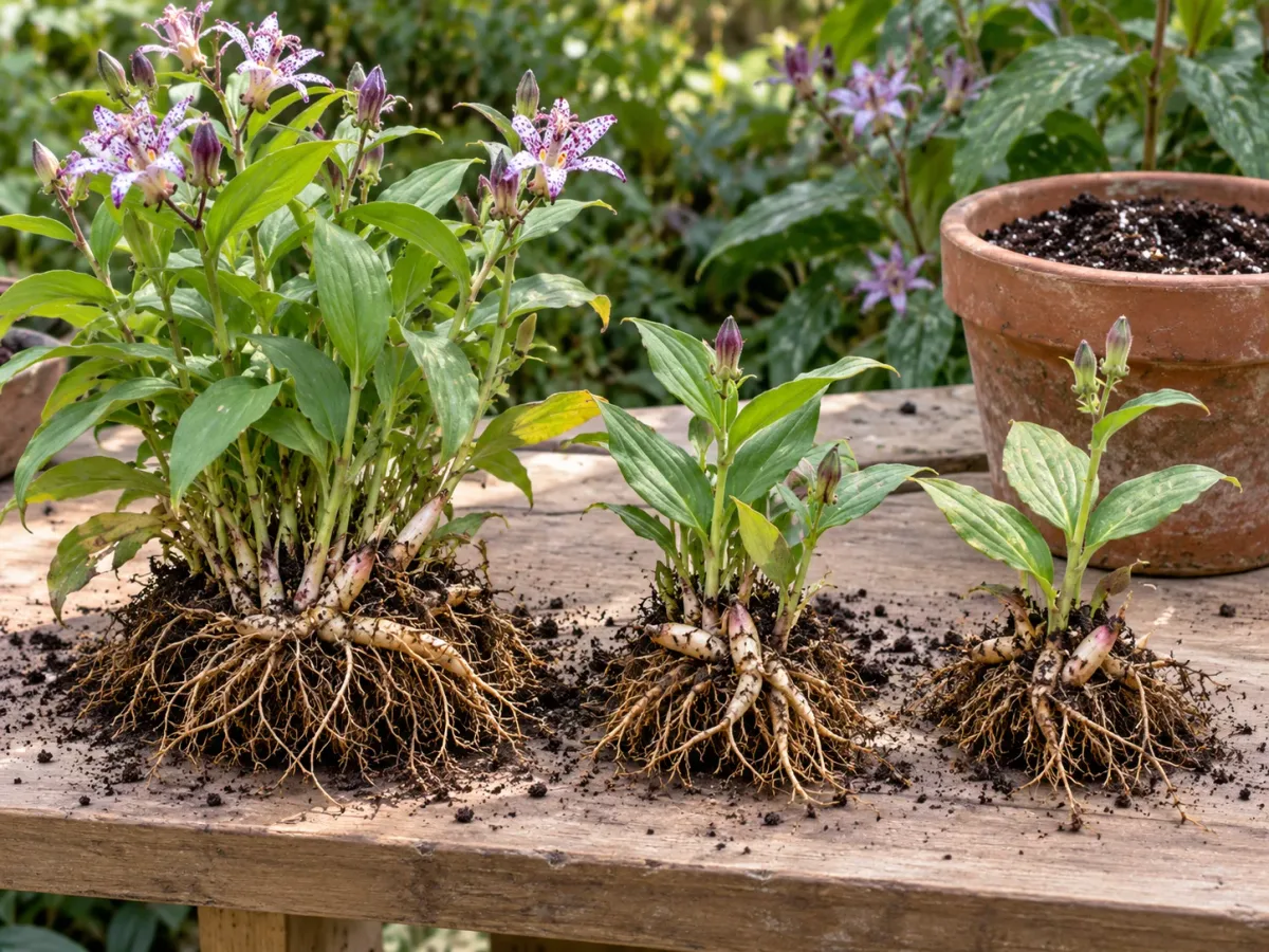 Toad lily clump beside two separated divisions with roots and growth buds