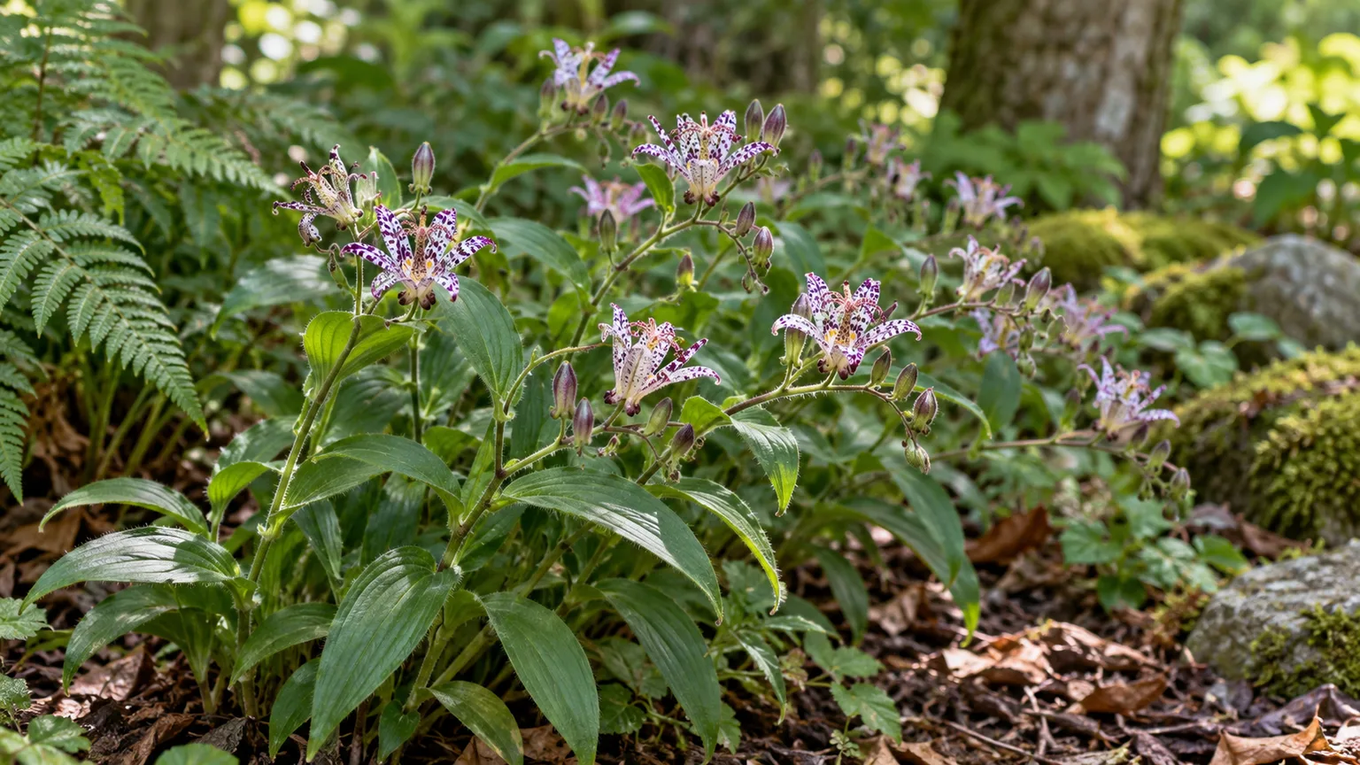 Hairy toad lily with purple-spotted white flowers in a shaded woodland garden