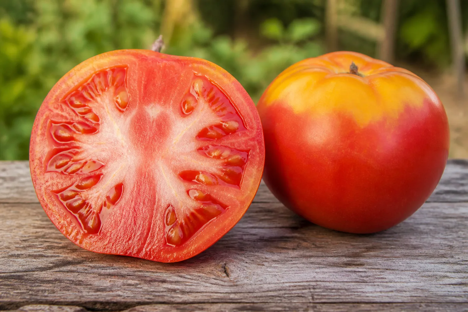 A ripe tomato shown whole and sliced, illustrating the fruit quality and texture that shape flavor