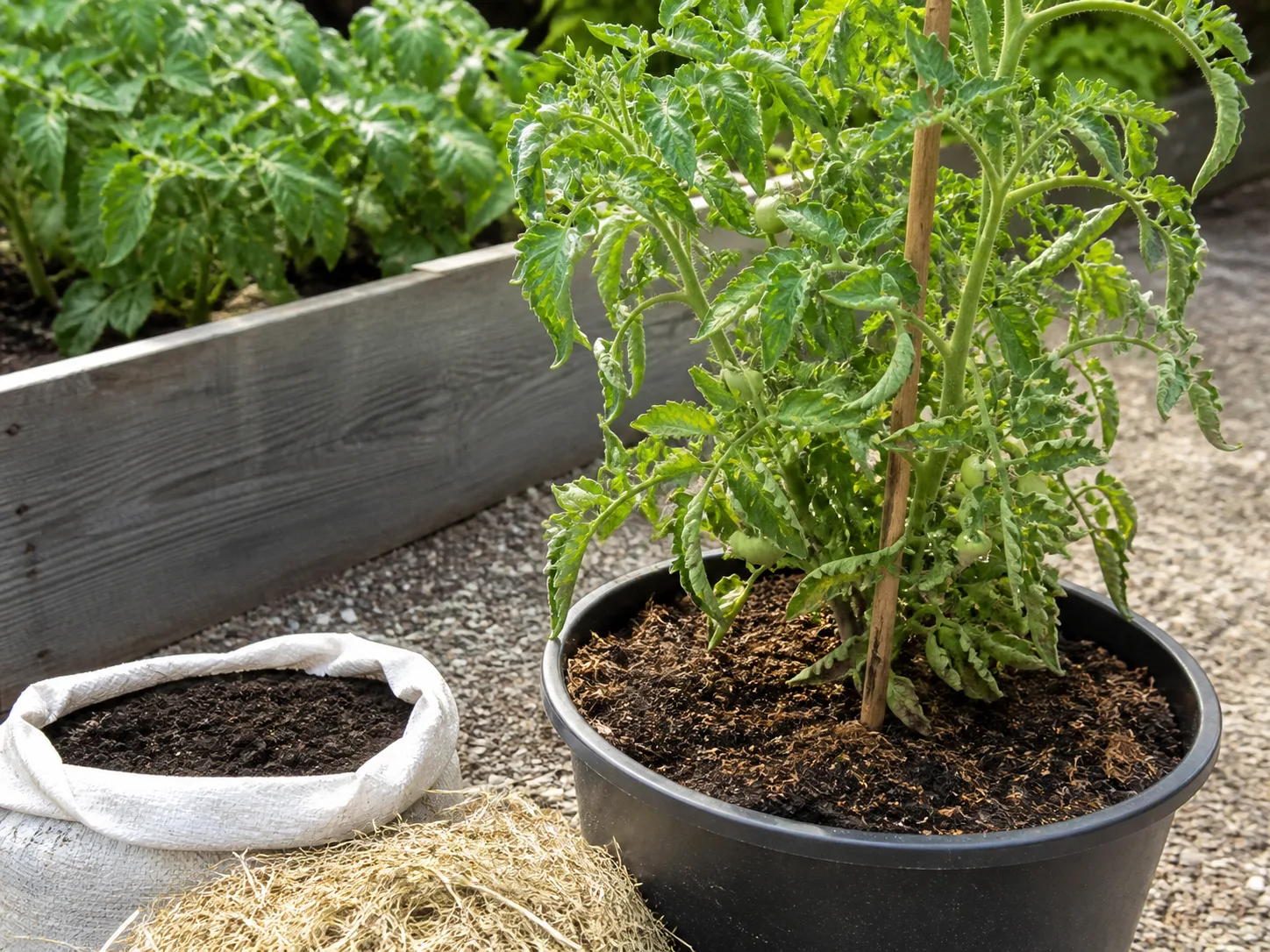 A tomato plant in a large container with drainage holes on a sunny hardscape patio