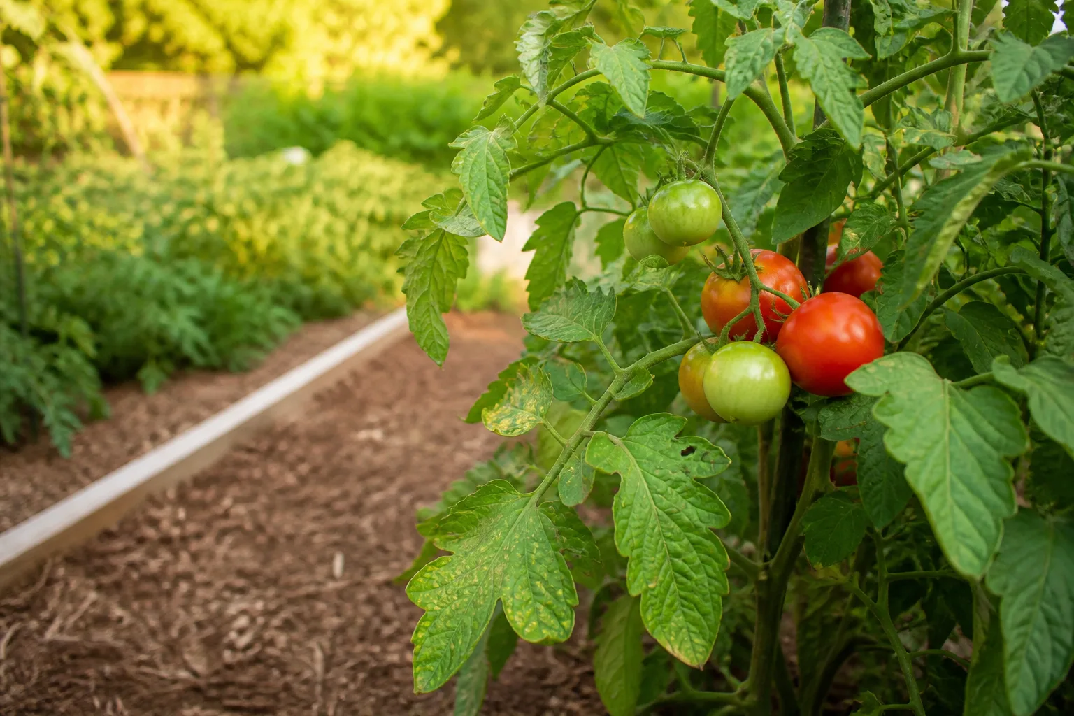 Staked tomato plant in a summer backyard vegetable garden with green and ripening fruit ready for pest inspection