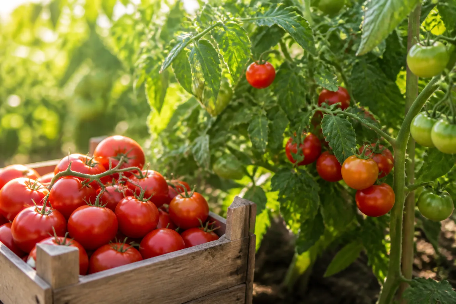 Hand harvesting ripe red tomatoes from a staked garden vine