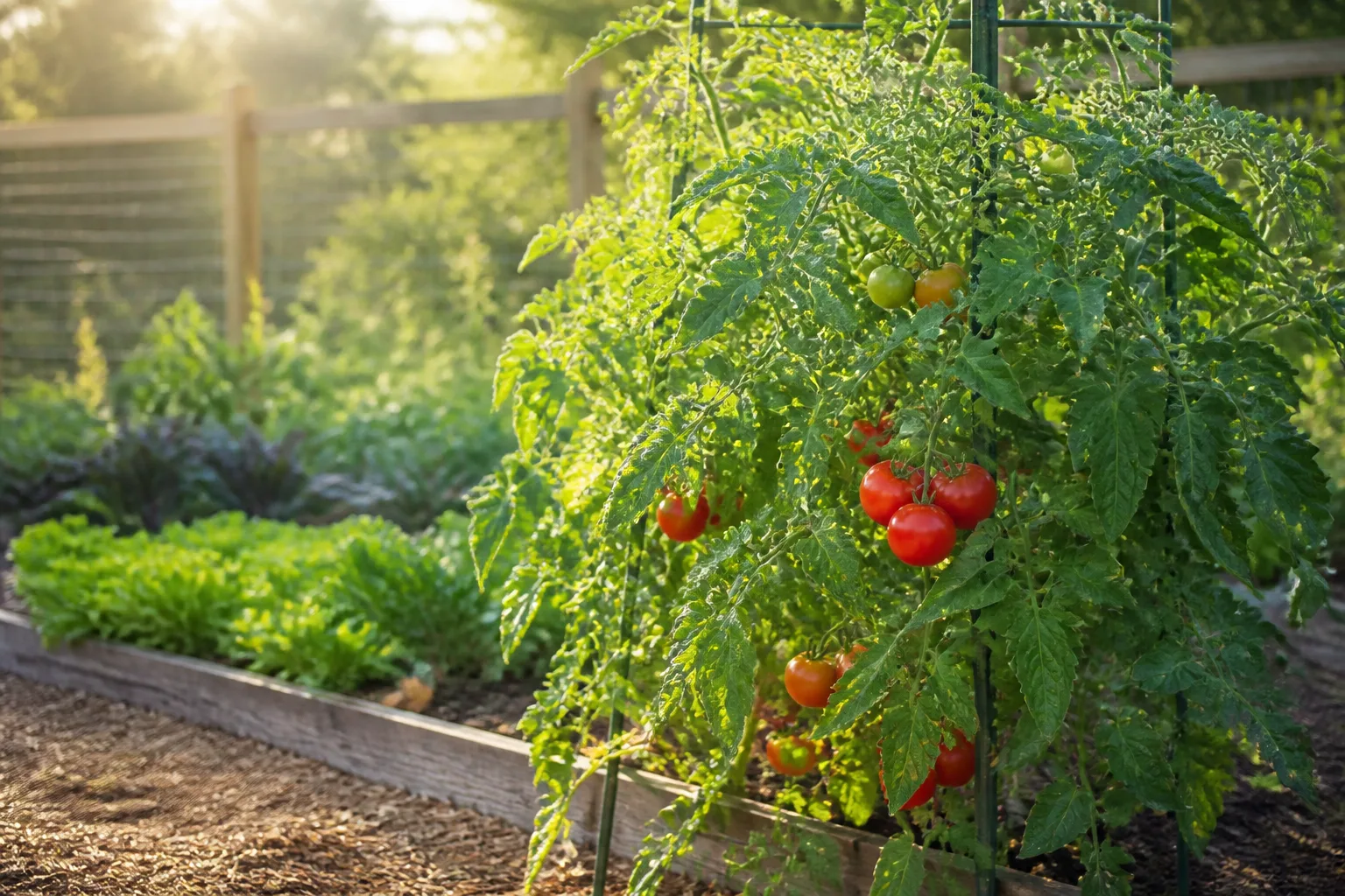 Supported tomato plants growing in a sunny outdoor raised bed