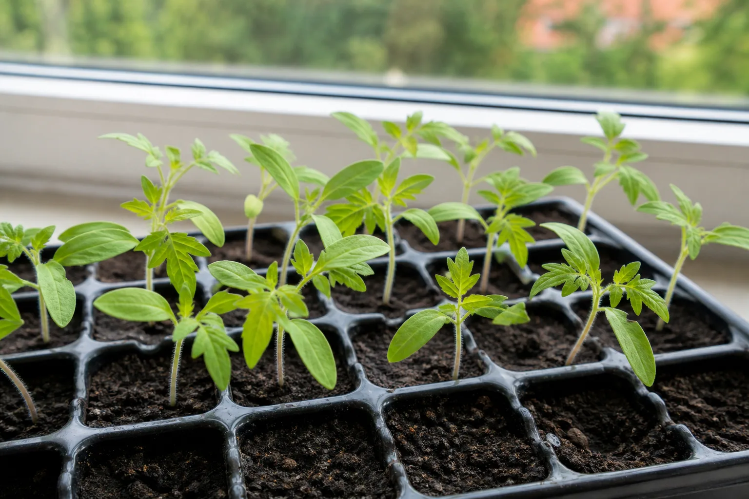 Healthy tomato seedlings in individual cells at the early root-establishment stage