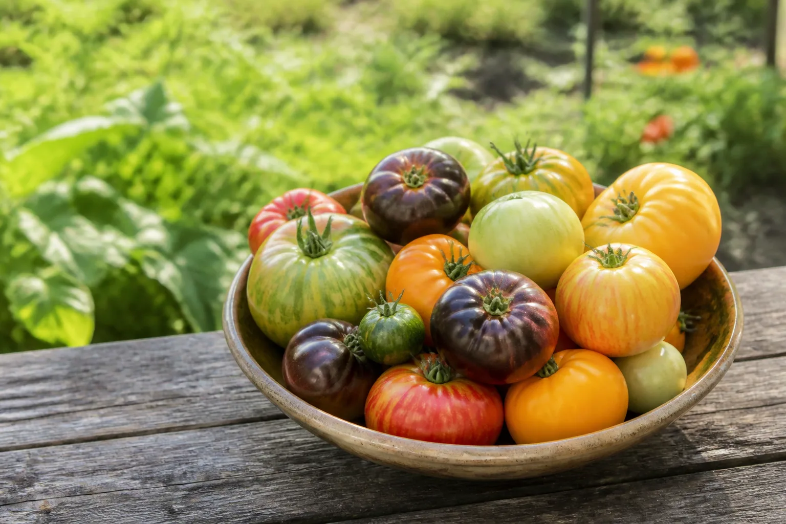 A range of determinate and bush tomato varieties with ripening fruit in a home vegetable garden