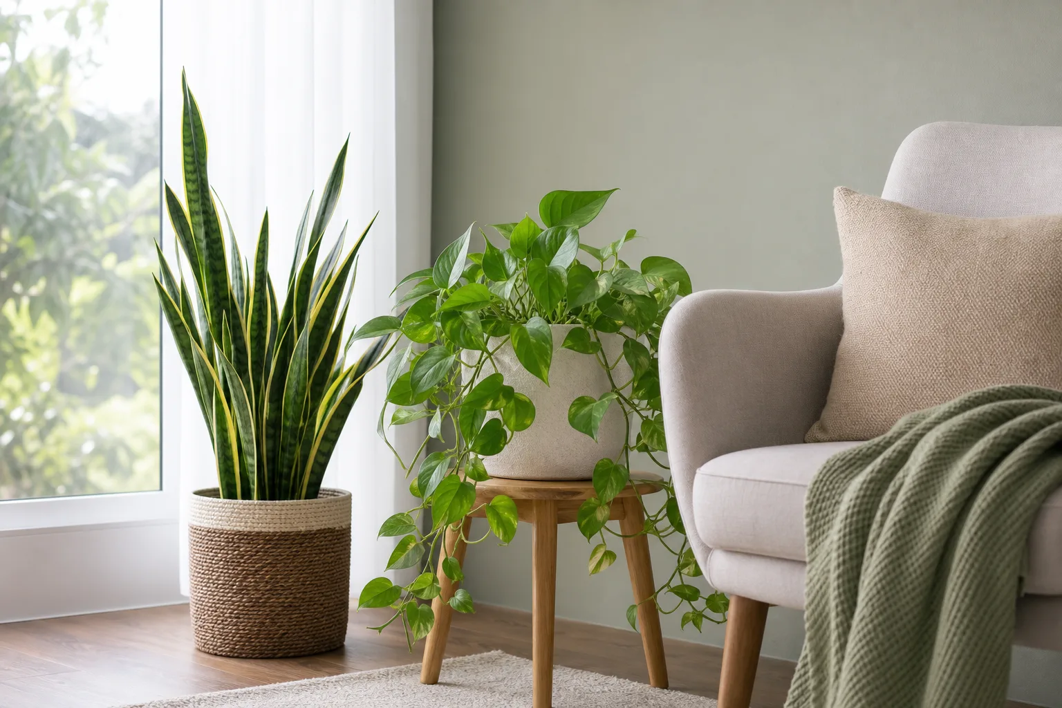 Calm living room corner with leafy houseplants near a bright window