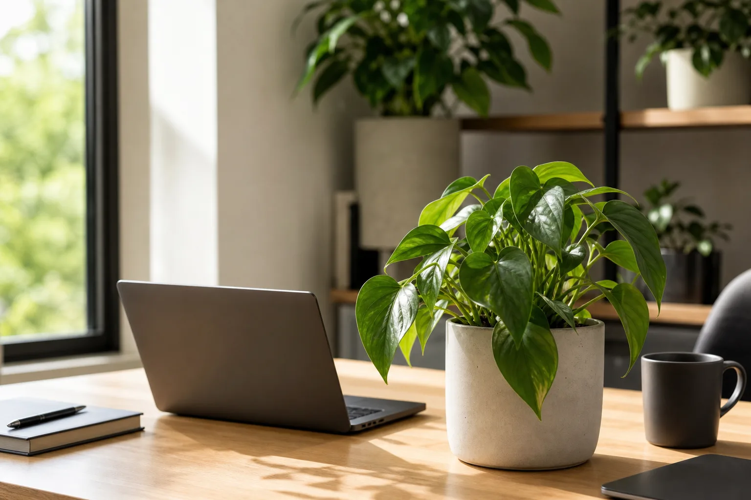 Home office desk with a healthy potted houseplant in soft daylight