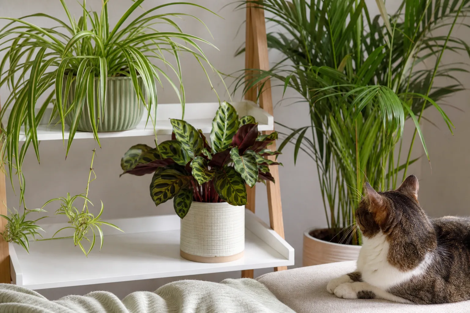 Cat-safe houseplants including spider plant, calathea, and areca palm on a shelf